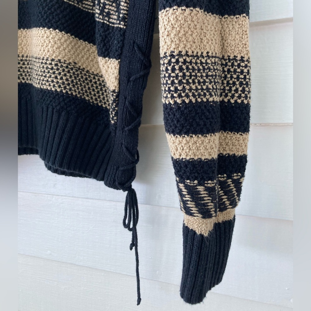 Lauren Ralph Lauren | Black & Tan Striped Linen Blend Sweater Petite Small - Picture 4 of 6